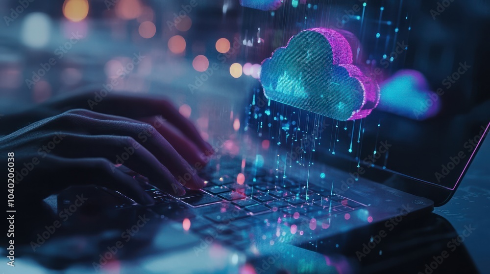 Poster weather icon with hands typing on a laptop with cloud environment change technology icons floating a