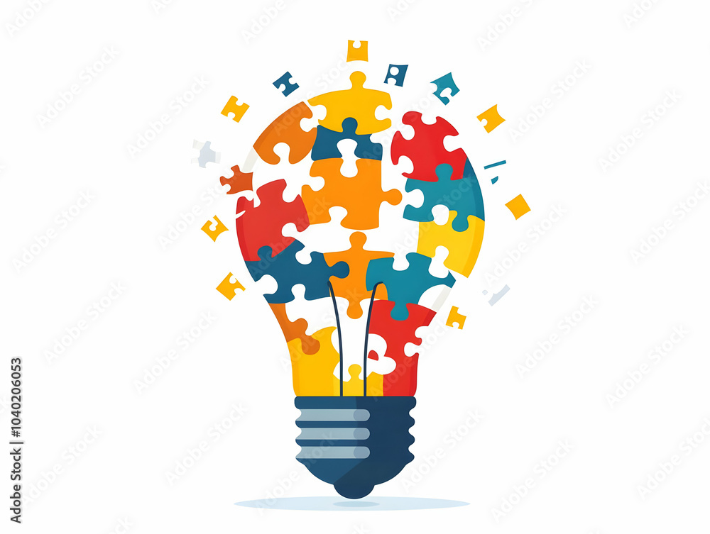 Poster flat lightbulb puzzle pieces inside vector illustration innovative solutions collaborative problem s