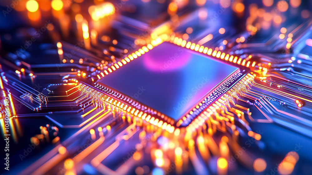 Poster an intricate microchip glows with vibrant colors, highlighting its complex circuitry and detailed de