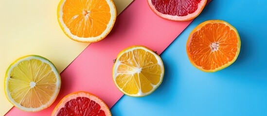 Top view of a halved citrus fruit with juicy slices on a colorful background creating a creative summer concept with copy space image for a minimalistic flat lay