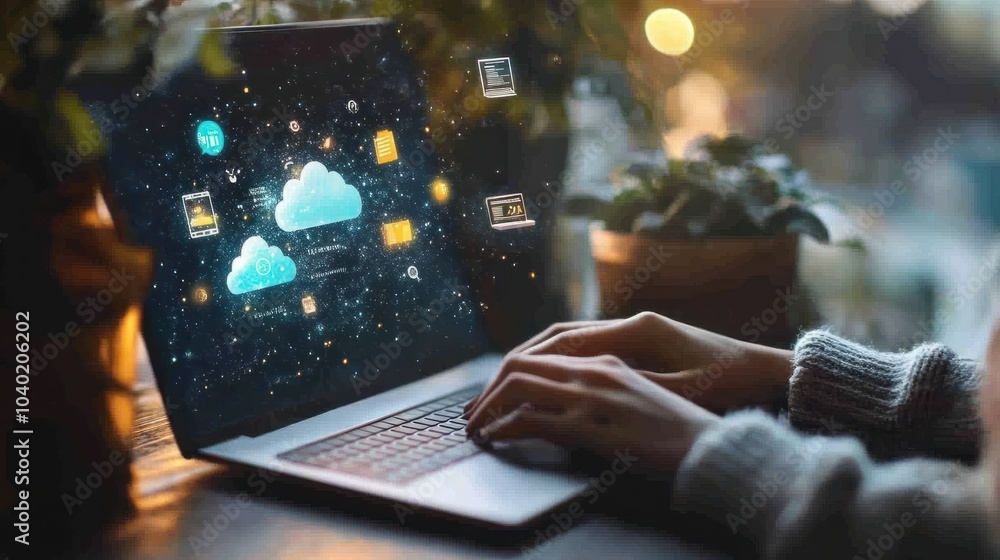 Poster weather icon with hands typing on a laptop with cloud environment change technology icons floating a