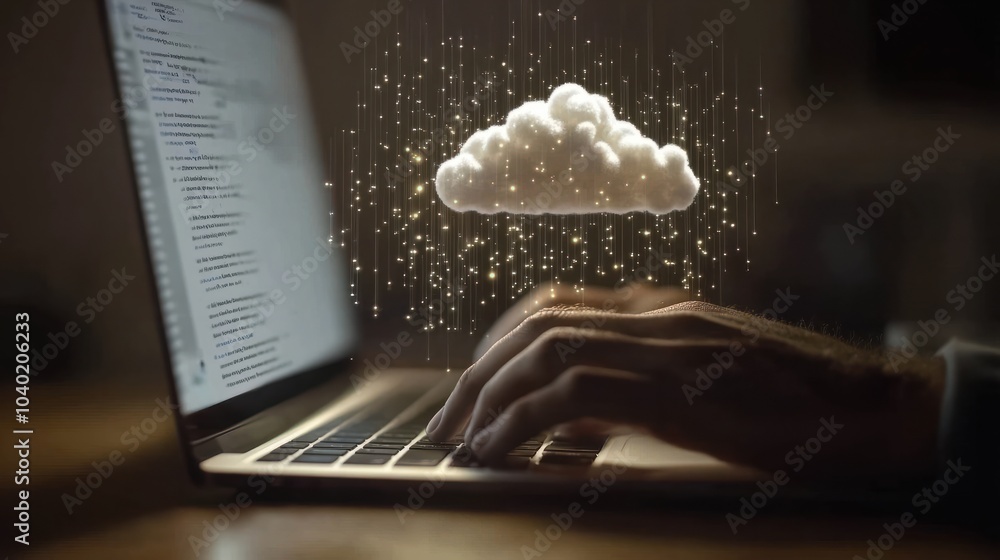 Poster weather icon with hands typing on a laptop with cloud environment change technology icons floating a