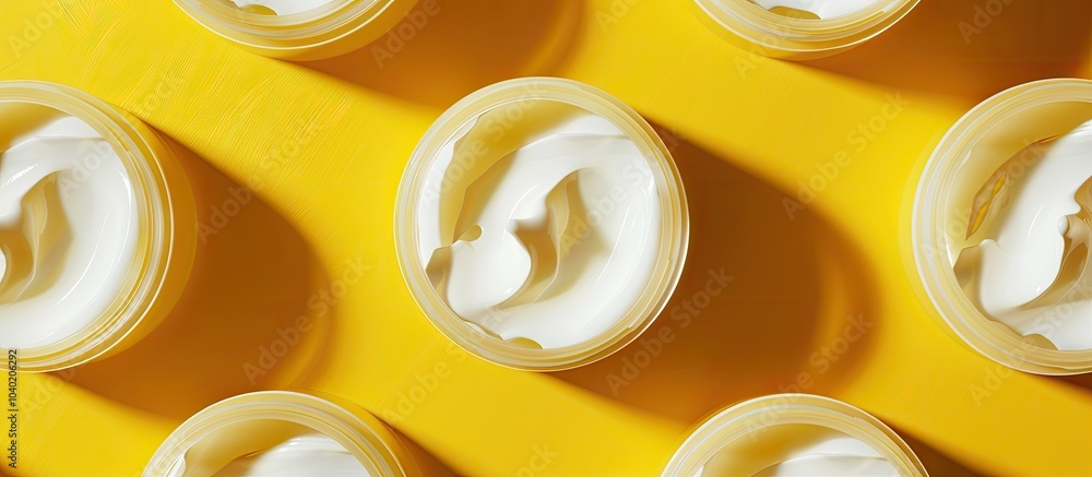 Poster top down view showing face cream samples on a yellow backdrop with room for text in the image