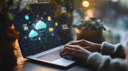 Weather icon with hands typing on a laptop with cloud environment change technology icons floating above, indicating the use and management of AI in data visualization design for web development.