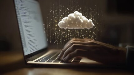 Weather icon with hands typing on a laptop with cloud environment change technology icons floating above, indicating the use and management of AI in data visualization design for web development.