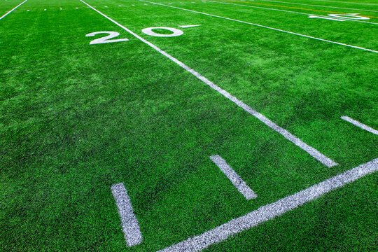 Football Field Green Yard Markers to Goal Line Touchdown Endzone Game Competition Scoring in Sports