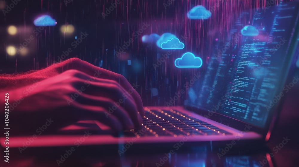 Poster weather icon with hands typing on a laptop with cloud environment change technology icons floating a