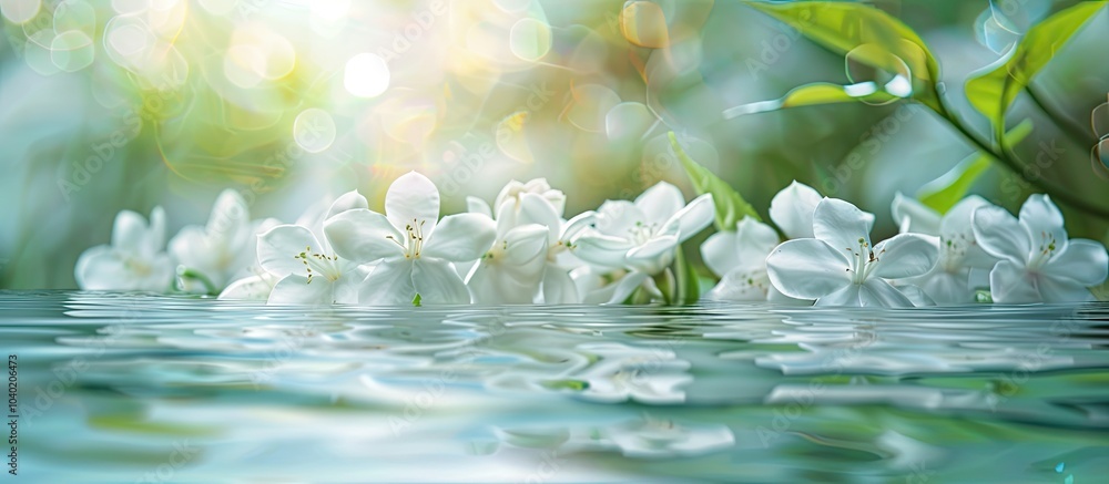 Poster summer themed backdrop featuring jasmine flowers floating in water on a blurred background ideal for