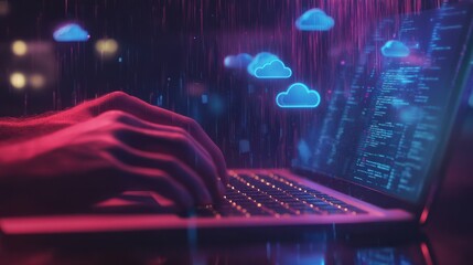 Weather icon with hands typing on a laptop with cloud environment change technology icons floating above, indicating the use and management of AI in data visualization design for web development.