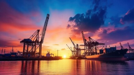 Obraz premium A contemporary harbor bustling with cranes and ships at dawn, the sky painted with vibrant colors, representing the optimism and growth of global trade