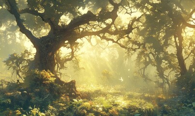 Fototapeta premium Enchanting Forest With Sunlight Illuminating Lush Greenery