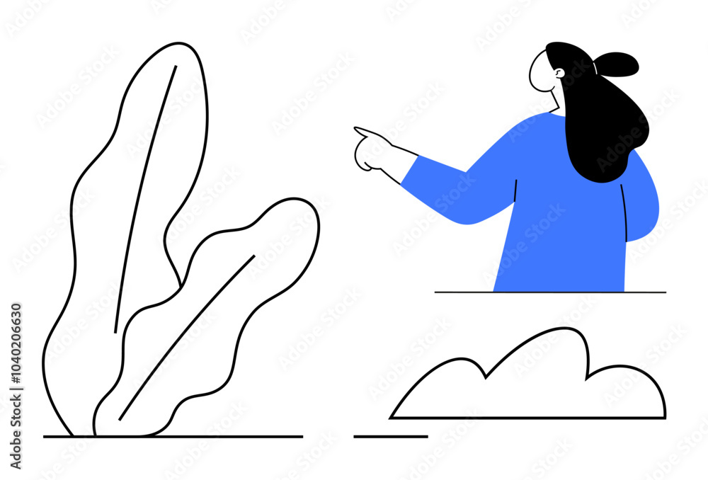 Poster Person pointing right with black hair and blue outfit. Accompanied by abstract leaf and cloud shapes in black. Ideal for education, presentation slides, environmental awareness, minimalistic designs