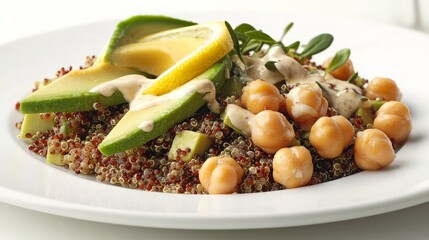 Quinoa salad with chickpeas, avocado, and lemon dressing.