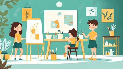 Children engaged in creative art activities in a colorful studio environment.