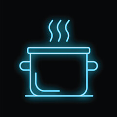 Minimalist blue neon icon of a steaming cooking pot on a black background, perfect for representing cooking