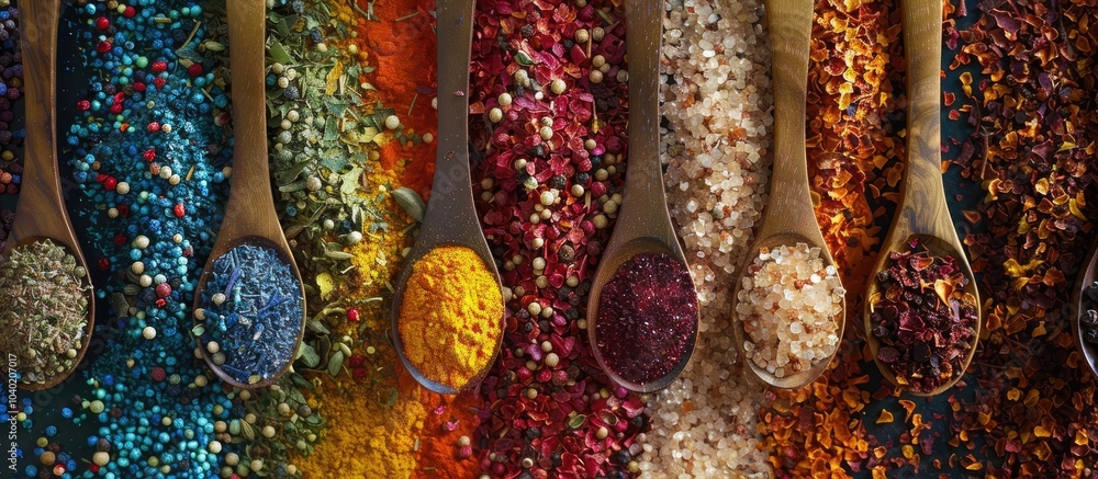 Poster colorful spices and wooden spoons seen from above create an abstract background suitable for cafe an