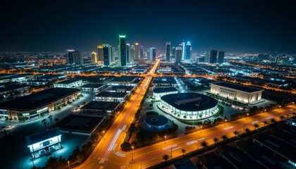Fototapeta premium Bright cityscape at night illuminated by neon lights and street lamps