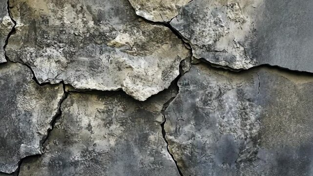 Cracked and weathered stone wall, showing the effects of time and erosion