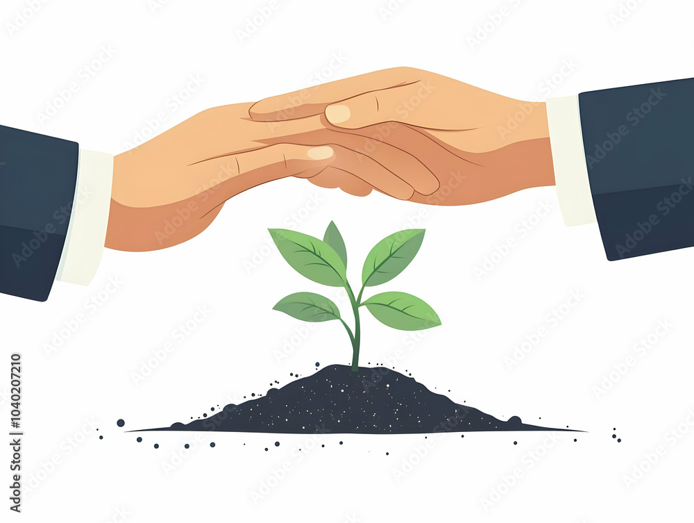 Poster flat plain hands passing seedling glossy white background ample copy space close up symbolizing grow