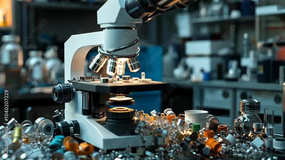 Poster a microscope sits on a workbench surrounded by various tools and equipment in a laboratory