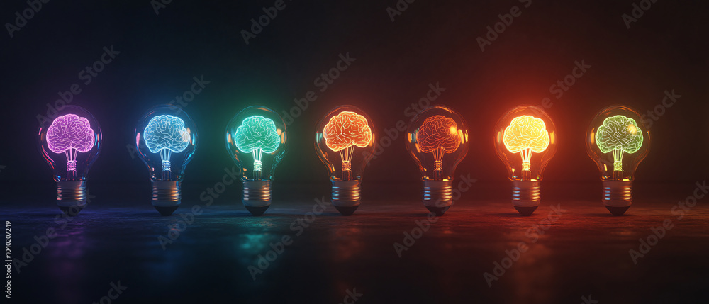 Poster row of illuminated lightbulbs with brain inside for creativity and innovation concept, row of illumi