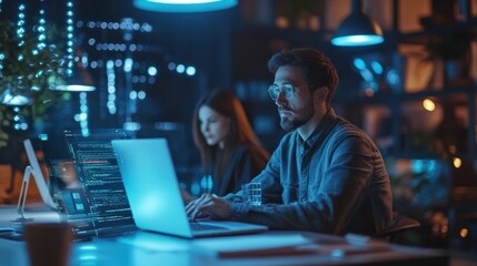 Web designer, planning and team in office with laptop, market research or problem solving in development of project. Website, design and people with technology for online marketing, Generative AI