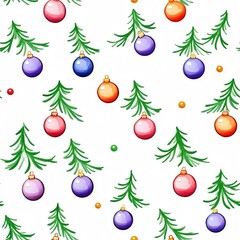 Delicate watercolor Christmas tree ornaments in soft pastel colors, arranged on a light background, minimalist style, seamless pattern
