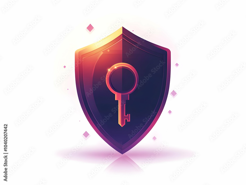 Poster flat shield with key floating on white background - vector illustration for business security, respo