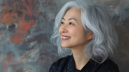 Fototapeta premium Woman with gray hair smiles warmly against a textured backdrop in a serene indoor setting during natural daylight