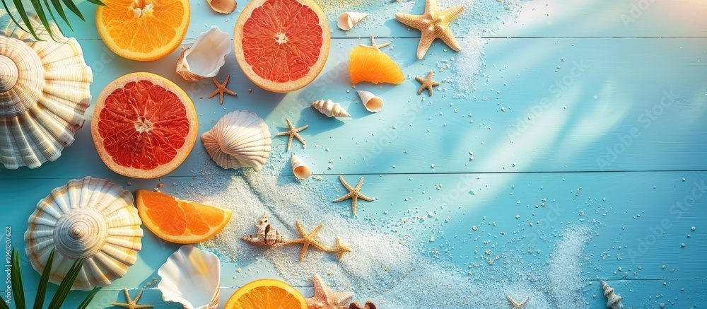Poster aerial view of seashells vibrant fruits and trendy summer items on a table background creating a sum