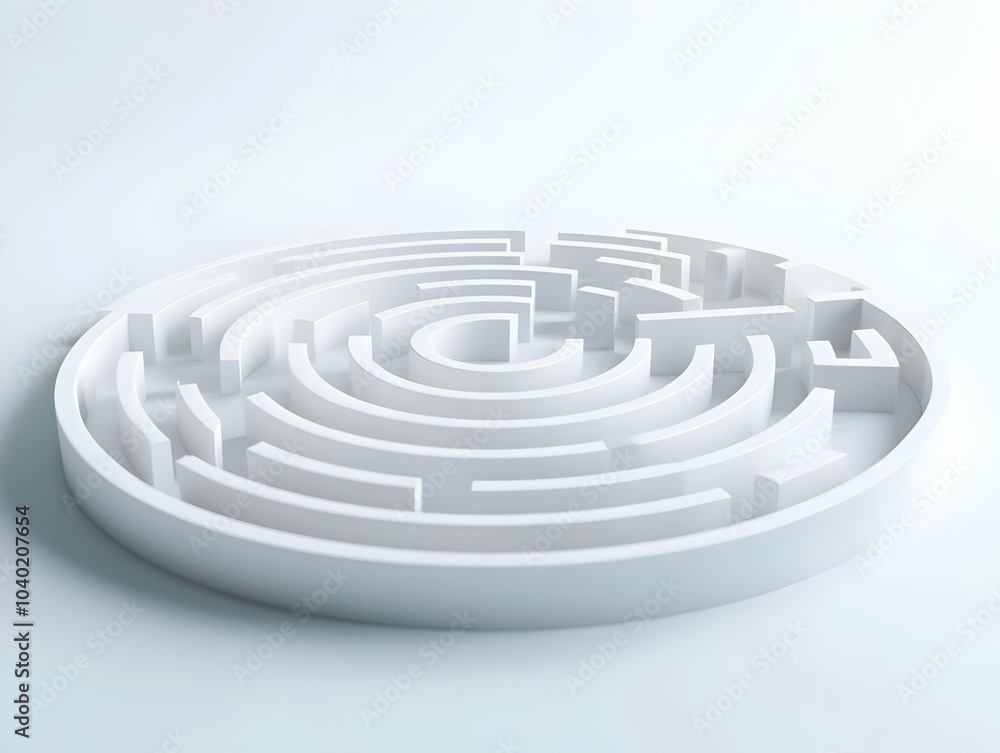 Poster flat floating white labyrinth concept medium shot: white labyrinth hovering in space, symbolizing se