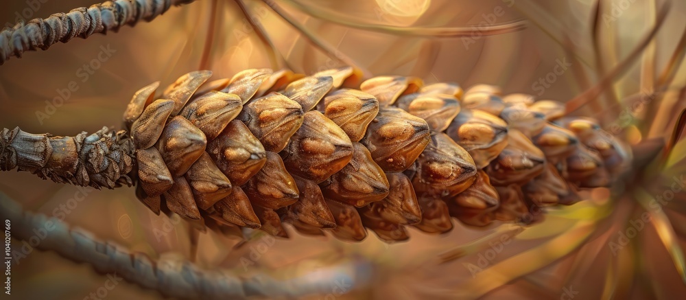 Poster close up photo of a dry pine cone s stem showcasing its texture and warm colors with intense bokeh e