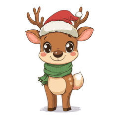 A cute reindeer wearing a Santa hat and green scarf, ready for Christmas festivities during winter celebration
