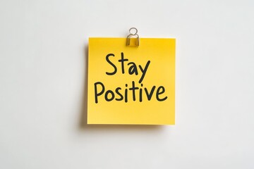 A bright yellow sticky note features the encouraging message 'Stay Positive' in bold black letters, clipped to a neutral background to inspire optimism and hope.