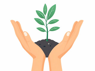 Flat Vector Illustration of Seedling Growing from Hands in Air, Symbolizing Community Growth and ESG Initiatives, Close-up Emphasizing Nurturing Through Compromise, Smart Business Concept