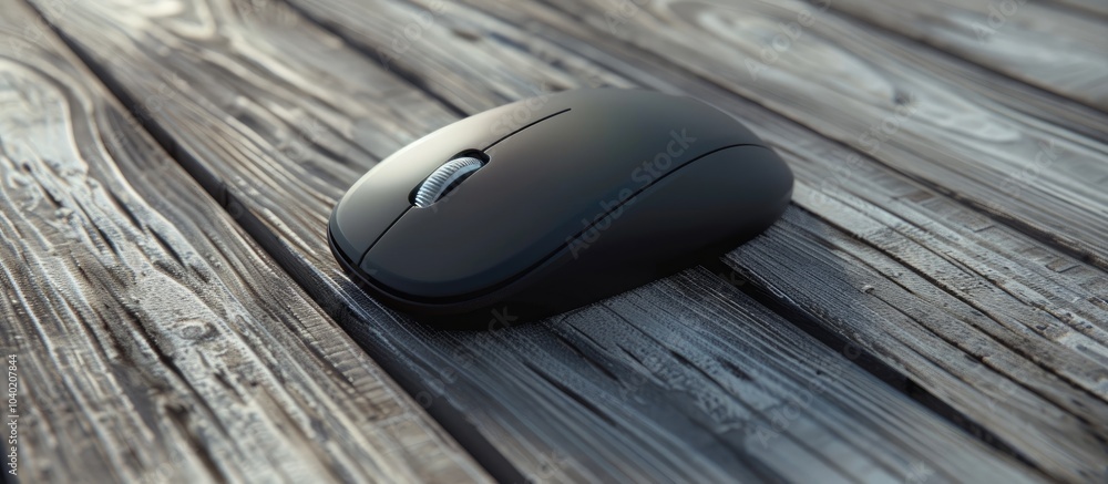 Poster close up of a wireless mouse on a gray wooden table with ample copy space image