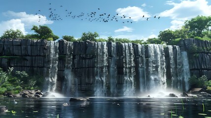 Fototapeta premium A serene waterfall cascading into a tranquil pool, surrounded by lush greenery and birds.