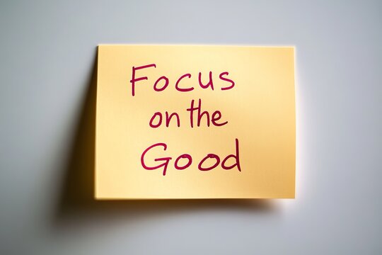 A motivational sticky note with the handwritten phrase 'Focus on the Good' encourages a positive outlook. It's a great reminder for mindfulness and optimism.