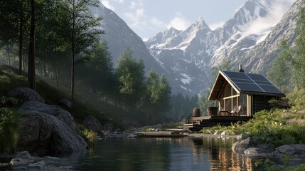 Fototapeta premium A serene cabin beside a tranquil stream in the stunning mountains during golden hour reflections