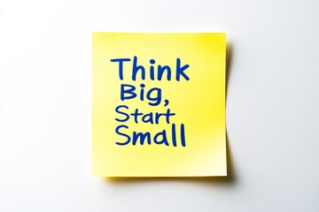 A bright, vibrant yellow sticky note displays the motivational phrase 'Think Big, Start Small', promoting strategic planning and actionable goals for success.