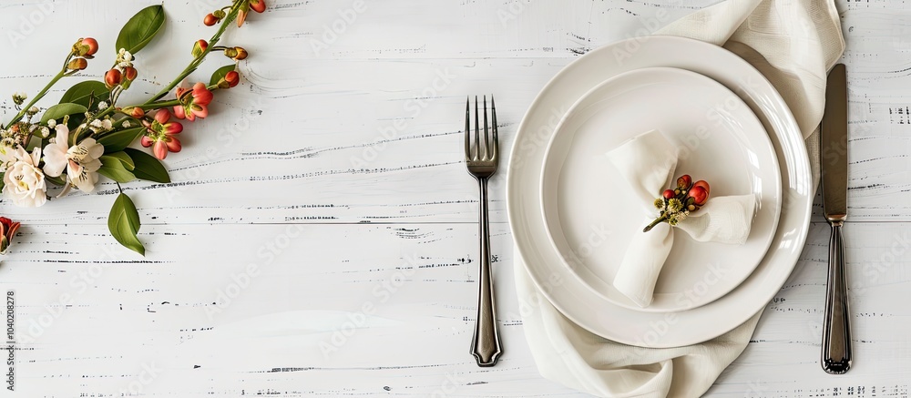Poster top down view of an empty table setting with items like cutlery a plate napkin and floral decoration