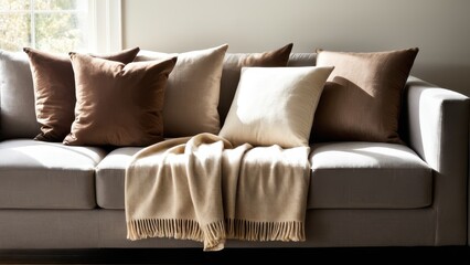 A cozy brown sofa, bathed in sunlight, features plush cream pillows and a soft knitted throw, creating a warm, inviting atmosphere in the room.
