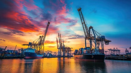 Obraz premium A contemporary harbor bustling with cranes and ships at dawn, the sky painted with vibrant colors, representing the optimism and growth of global trade