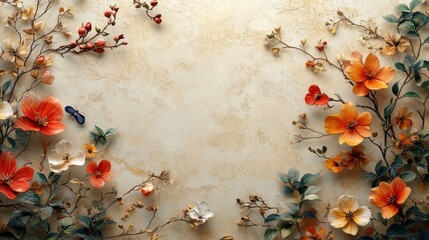 A decorative floral arrangement with vibrant flowers and branches on a textured background.