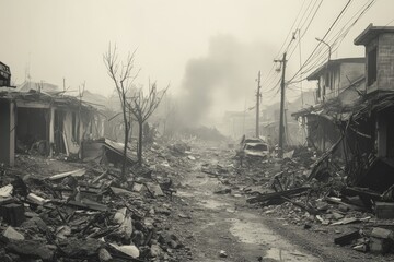 Fototapeta premium A haunting view of a street left in desolation following a natural disaster, with debris littering the area and a plume of smoke rising in the background.