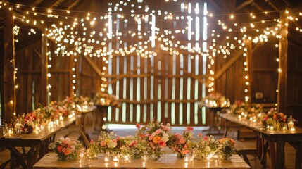 Obraz premium Rustic barn wedding reception with string lights and floral centerpieces.