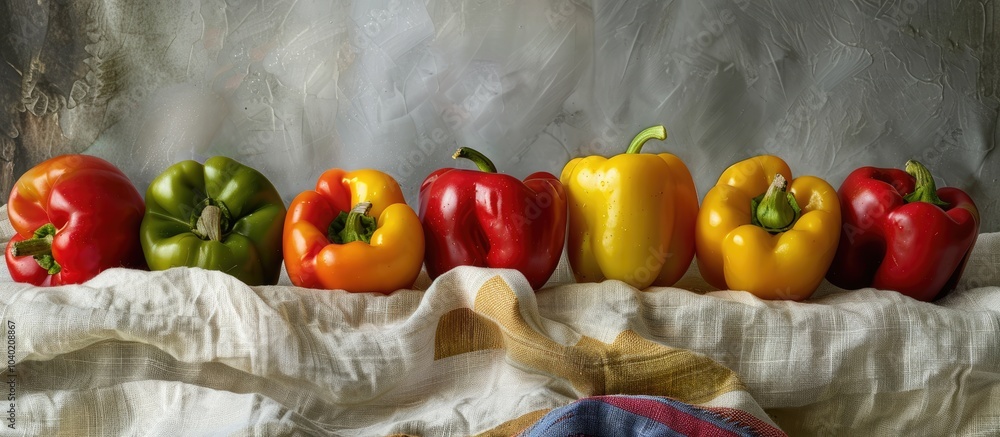 Poster bell peppers displayed on a linen cloth with copy space image