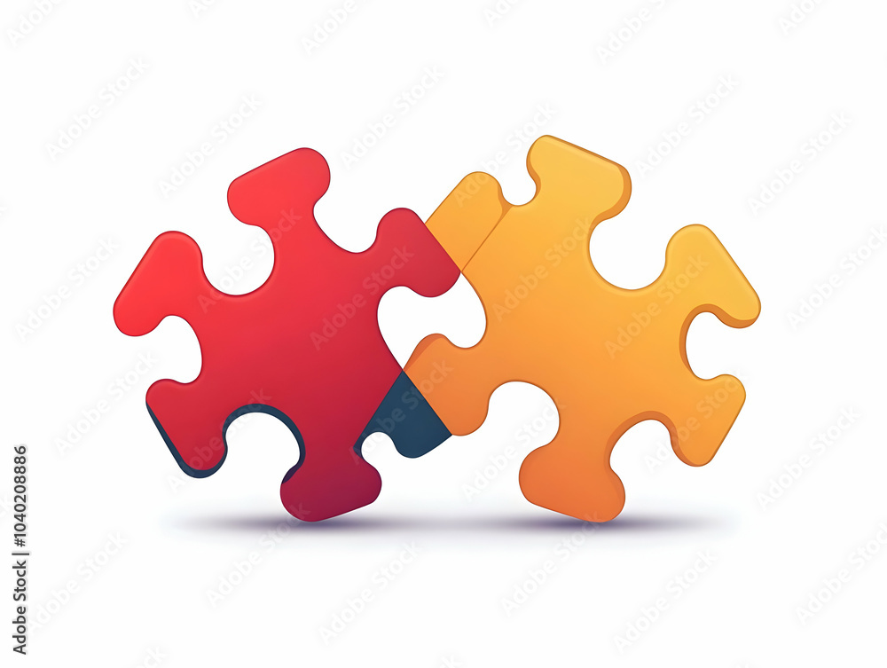 Poster flat two interlocked puzzle pieces isolated white background, vector image of hovering puzzle pieces