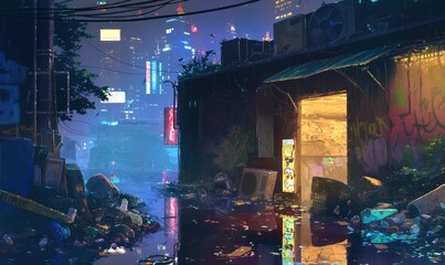 Futuristic Urban Alley with Neon Lights at Night