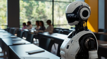 A futuristic robot assistant stands in a modern classroom, observing students engaged in collaborative learning activities